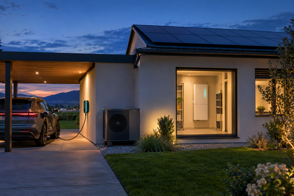 Einfamilienhaus in der Abenddämmerung mit PV-Anlage, Wärmepumpe, Wallbox und Batteriespeicher – Energiemanagement mit KNX