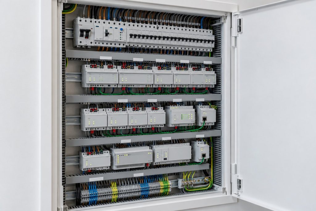 KNX-Verteiler mit Spannungsversorgung, IP-Schnittstelle sowie Schalt-, Dimm-, Jalousie- und Heizungsaktoren