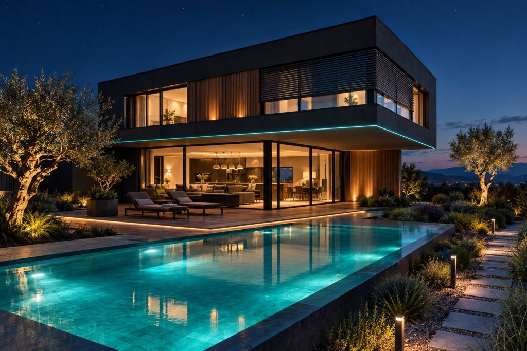 Moderne Villa bei Nacht mit Smart-Home-Steuerung: beleuchteter Pool, LED-Linie an der Fassade, Raffstore, Garten- und Wegebeleuchtung