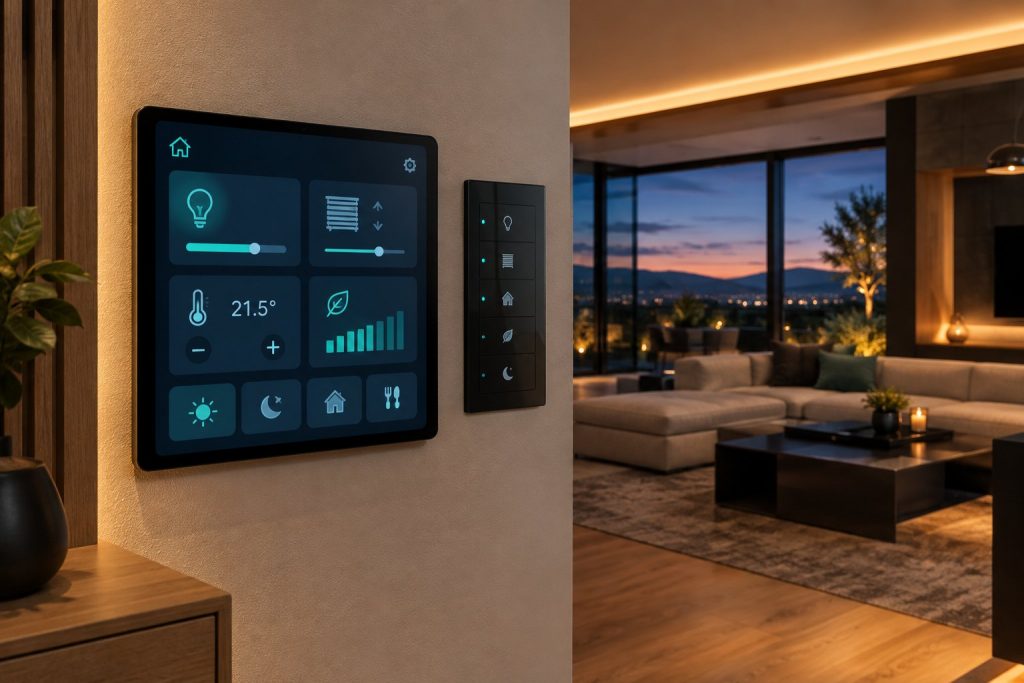 Wandtablet mit Smart-Home-Bedienoberfläche für Licht, Beschattung, Raumklima und Energie neben einem KNX-Glastaster im Wohnraum
