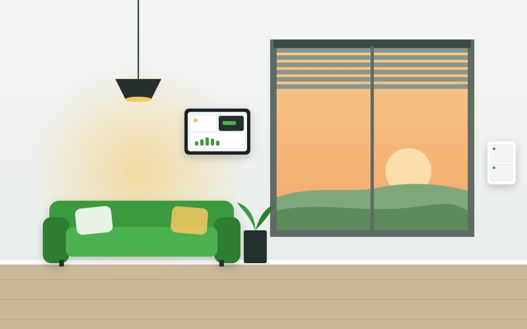 Wohnraum mit KNX-Taster, Wandtablet und automatischer Beschattung